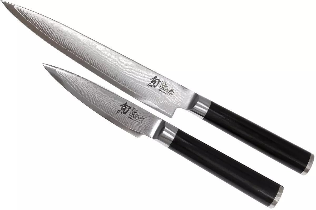 KAI Shun Classic Juego de cuchillos de chef japonés 2 piezas - Cuchillo multiusos con hoja de 15 cm + Cuchillo de oficina con hoja de 9 cm - Cuchillo de Damasco de 32 capas con núcleo VG MAX - 61 HRC