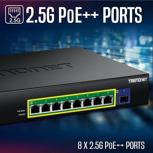 TRENDnet, TPE-BG5091, conmutador PoE++ de 9 Puertos GAN de 2,5 G con Puerto SFP+ de 10 G (480 W), 8 Puertos PoE++ de 2,5 G, 1 Puerto SFP+ de 10 G, 480 W, 60 Gbps