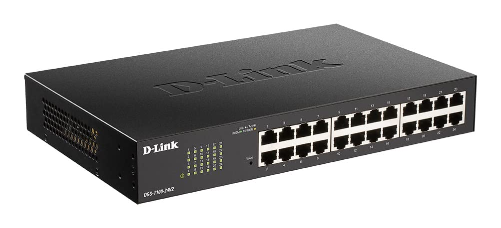 D-Link DGS-1100-24V2/E, Switch Smart 24 Puertos Gigabit, RJ-45, Gestión Web, Layer 2, VLAN, sobremesa, IGMP Snooping, VoIP VLAN, QoS, Seguridad Red, Montaje Rack - Cable de alimentación UE, Negro