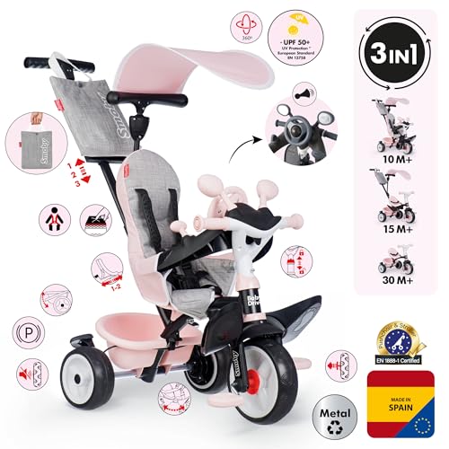 Smoby Triciclo Baby Driver Confort Rosa 3 en 1 Progresivo para Niños a Partir de 10 Meses, con Parasol Anti-UV, Volante con Claxon y Ruedas Silenciosas (7600741504)