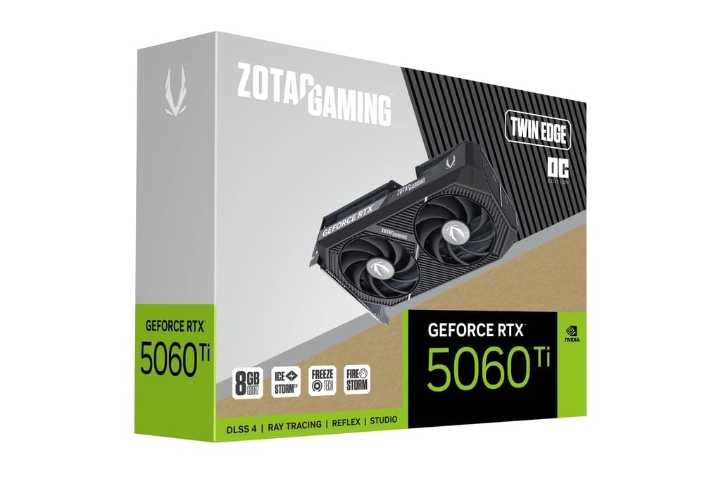 ZOTAC Gaming GeForce RTX 5060 Ti 8GB Twin Edge OC DLSS 4 8GB GDDR7 128-bit 28 Gbps PCIE 5.0 Tarjeta gráfica para Juegos, refrigeración IceStorm 2.0, Listo para SFF, ZT-B50610H-10M
