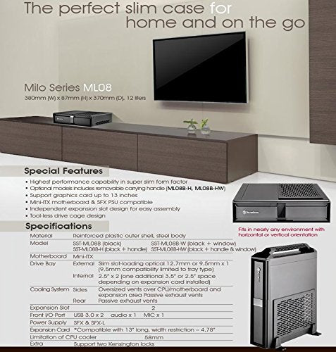 SilverStone SST-ML08B-H - Carcasa de Ordenador Milo Slim HTPC Mini-ITX, con asa, Negro