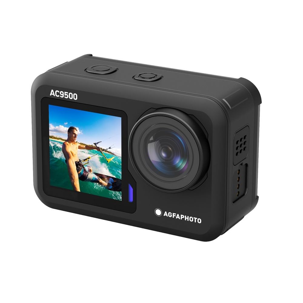 AGFA Photo AC9500 Cámara Deportiva Impermeable - Vídeos 4K a 30 FPS, Fotos de 16 MP, Doble Pantalla, Gran Angular de 170°, estabilización antivibraciones, WiFi - Negro
