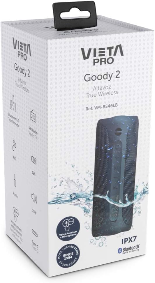 Vieta Pro Altavoz Bluetooth Potente 25W, Radio FM, Resistente al Agua, 12H Batería, Micrófono, Aux-In, USB-C, TWS, Compatible con Alexa | Altavoz Portátil Goody 2. Azul