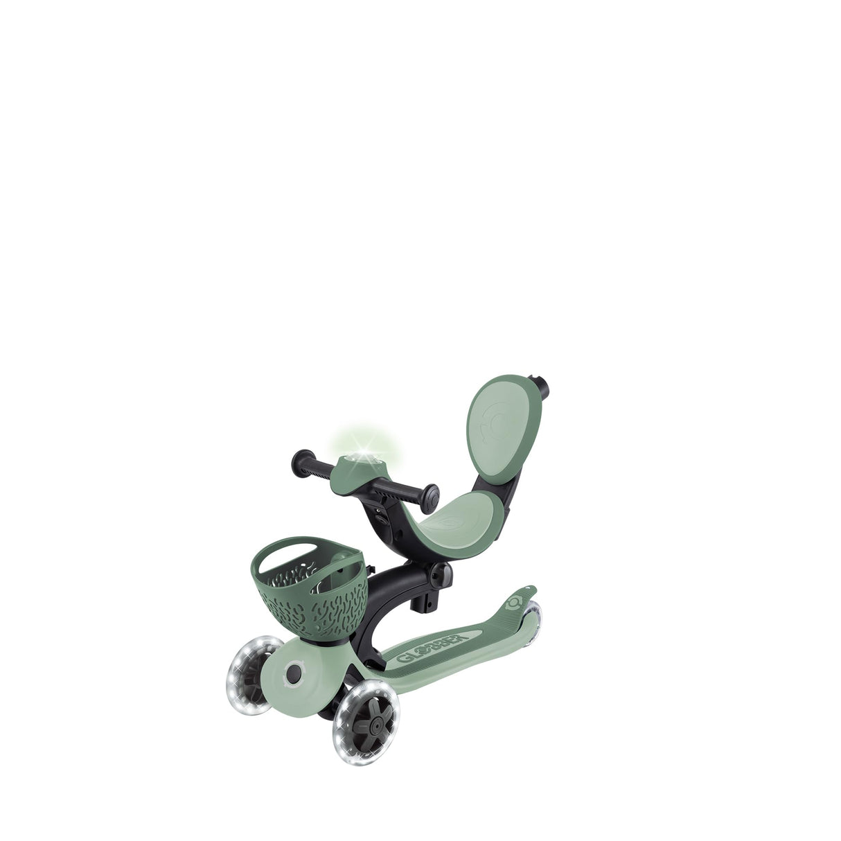 Globber GO•UP Baby 360 Lights - Patinete escalable de 3 Ruedas con Asiento y Respaldo para niños de 15 Meses a 6 años, Verde Salvia