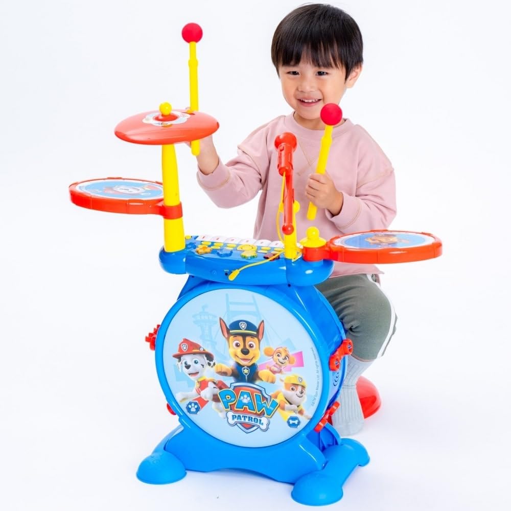 Lexibook, Paw Patrol, Set electrónico para niños, Juego de Juguete Musical, Sonido de batería Realista, Teclado de 8 Teclas, Enchufe MP3, Asiento Incluido, Azul/Rojo, K610PA