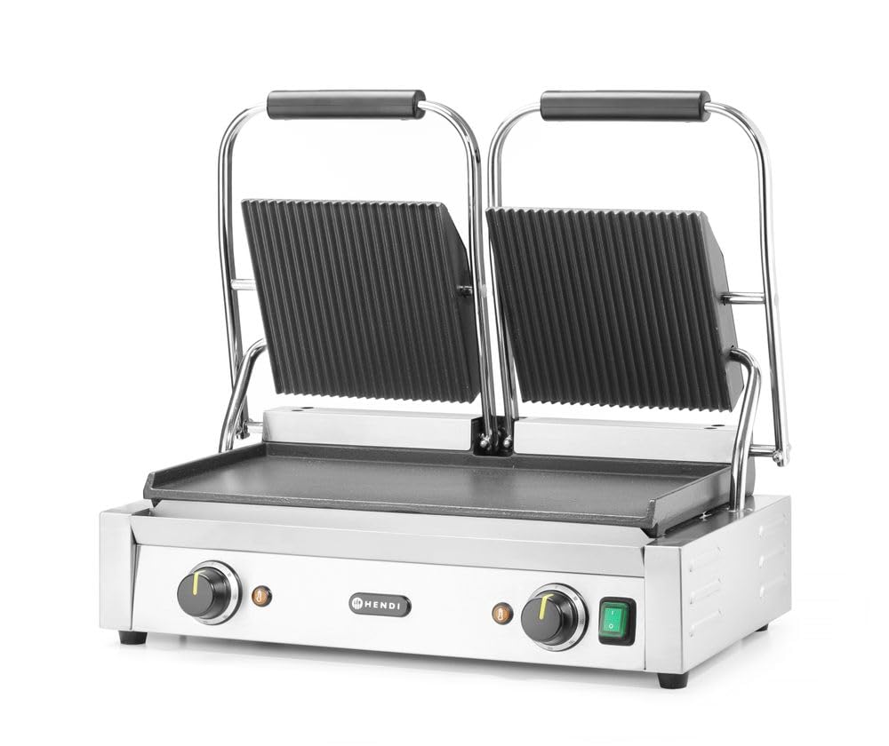 HENDI Parrilla Eléctrica de Contacto Doble, Grill/Plancha Panini y Sandwichera Profesional, Placas Acanaladas y Lisas de Hierro Fundido Esmaltado, 230V, 3600W, 570x375x(H)216mm, Acero Inoxidable