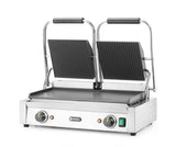 HENDI Parrilla Eléctrica de Contacto Doble, Grill/Plancha Panini y Sandwichera Profesional, Placas Acanaladas y Lisas de Hierro Fundido Esmaltado, 230V, 3600W, 570x375x(H)216mm, Acero Inoxidable