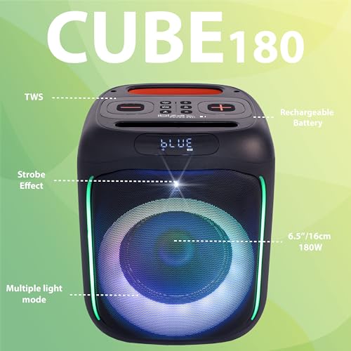 Ibiza - CUBE180 - Altavoz a pilas de 6,5"/16cm 180W con micrófono con cable y efecto de luz - Bluetooth, USB, MicroSD, TWS - Negro
