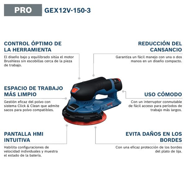 Lijadora excéntrica a batería Bosch Professional 12V GEX 12V-150-3 (incl. plato de lija, hoja de lija, anillo protector, saco para polvo, L-BOXX 162)