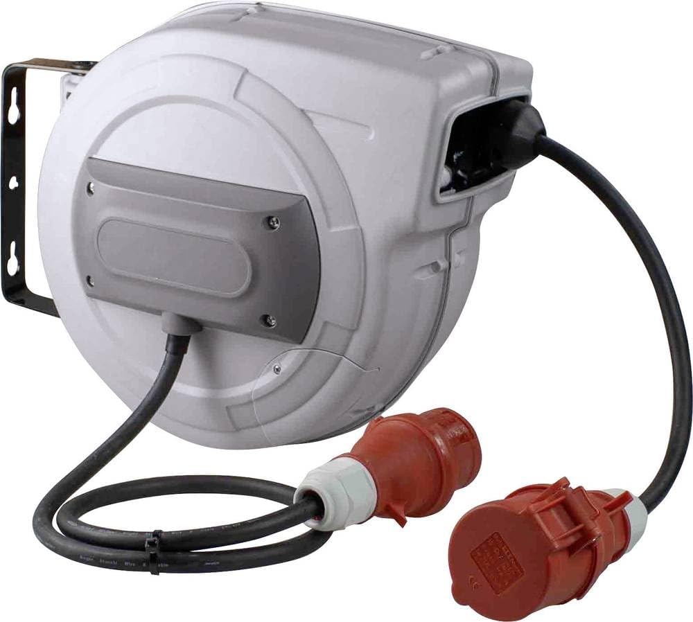 as - Schwabe CEE Carrete de cable retráctil automático 15 m H07RN-F 5G2,5-400V/16A/5 polo - Enrollador de manguera - 180° Giratorio - 1 m de cable de conexión - desmontable - para exterior, 12649