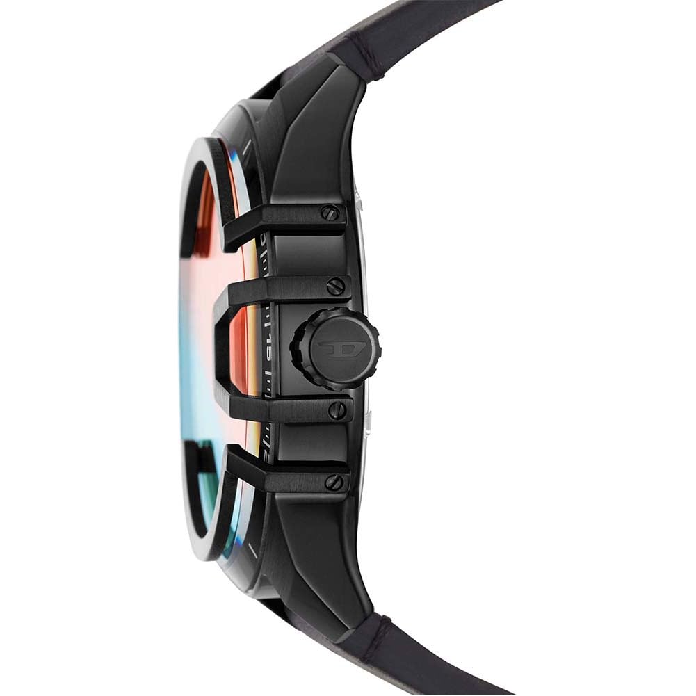 Diesel Reloj para hombre Caged, mecanismo de tres manecillas con fecha, caja de 46 mm de acero inoxidable negro con correa de piel, DZ1948