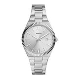 Fossil Scarlette Reloj para Mujer, Movimiento de Cuarzo con Correa de Acero o Piel, Tono Plateado, 38MM