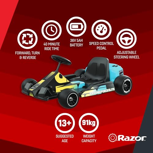Razor Ground Force Elite - Go Kart Eléctrico para Niños 13+ con Marcha Adelante y Marcha Atrás, Velocidad Máxima de 14 mph, Autonomía de 40 Minutos, 350W con Batería de 36V 5Ah - Negro y Azul