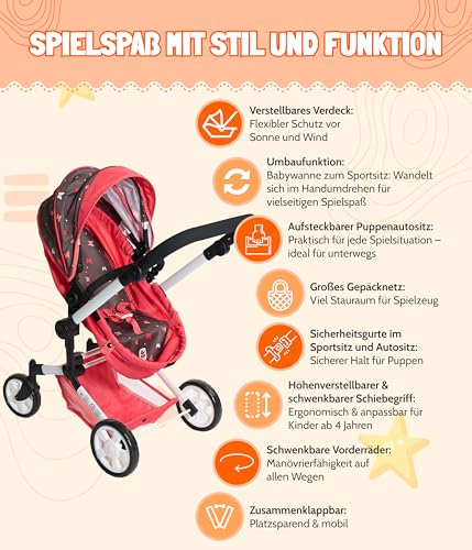 Bayer Chic 2000 - Cochecito para muñecas Linus, 3 en 1 para niños de 4 a 8 años, Juego de Cochecito para muñecas, Vaqueros Grises