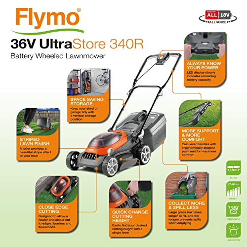 Flymo UltraStore 340R Li batería cortacésped Kit 36 V, 34 cm de Ancho de Corte, Corte de Borde cercano, Rodillo Trasero, 35 L, Agarre cómodo, Power 4 All Battery Alliance, 970538701, Naranja y Gris