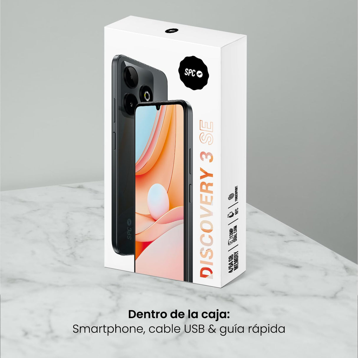 SPC Discovery 3 SE – Smartphone 6,8” HD+ | 64GB Memoria Interna y 4GB RAM | 13MP Dual CAM AI | NFC y biometría | Android 14 | Batería 5000mAh – Color Dark Matter