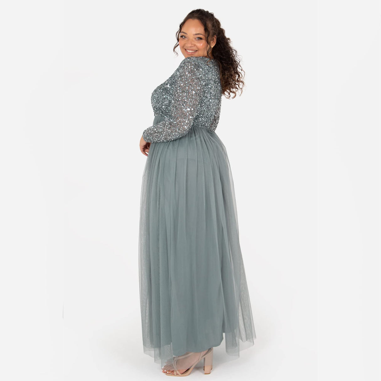 Maya Deluxe Vestido Maxi de Manga Larga Adornado Maya para Dama de Honor Formal, Verde Neblina, 48 para Mujer