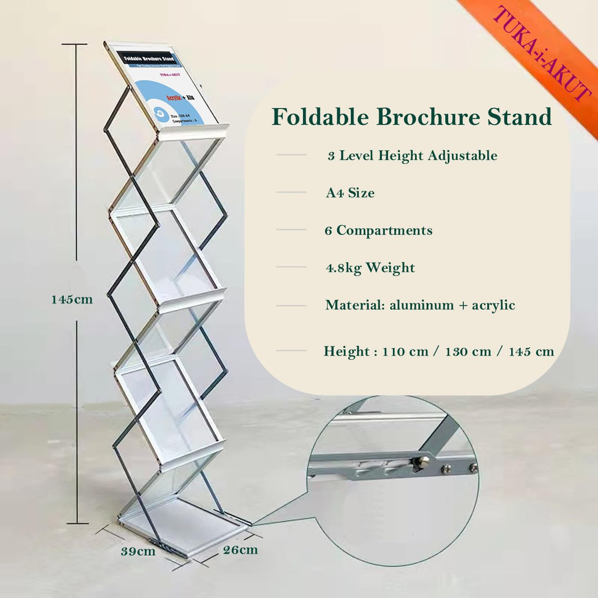 TUKA-i-AKUT A4 Expositor Plegable de Folletos, Aluminio/Acrílico Soporte de Suelo, Incluido Estuche de Transporte, para Literatura Folletos Revistas Catálogos, 6 Bolsillos Exhibición, TKD8430-A4-Sa