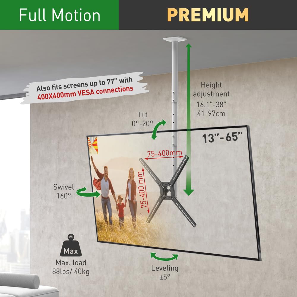 Barkan Soporte de TV de Techo, 97cm de Largo Blanco Giratorio e inclinable para Pantallas de 13-65 Pulgadas, Peso máximo 40Kg, Telescópico de Altura Ajustable, para LED OLED LCD, hasta VESA 400x400