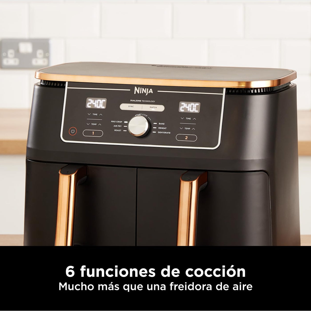 Ninja Freidora de aire Foodi MAX [AF400EUCP] doble compartimento, 9,5 l de capacidad, 2 cajones, 6 funciones, cobre