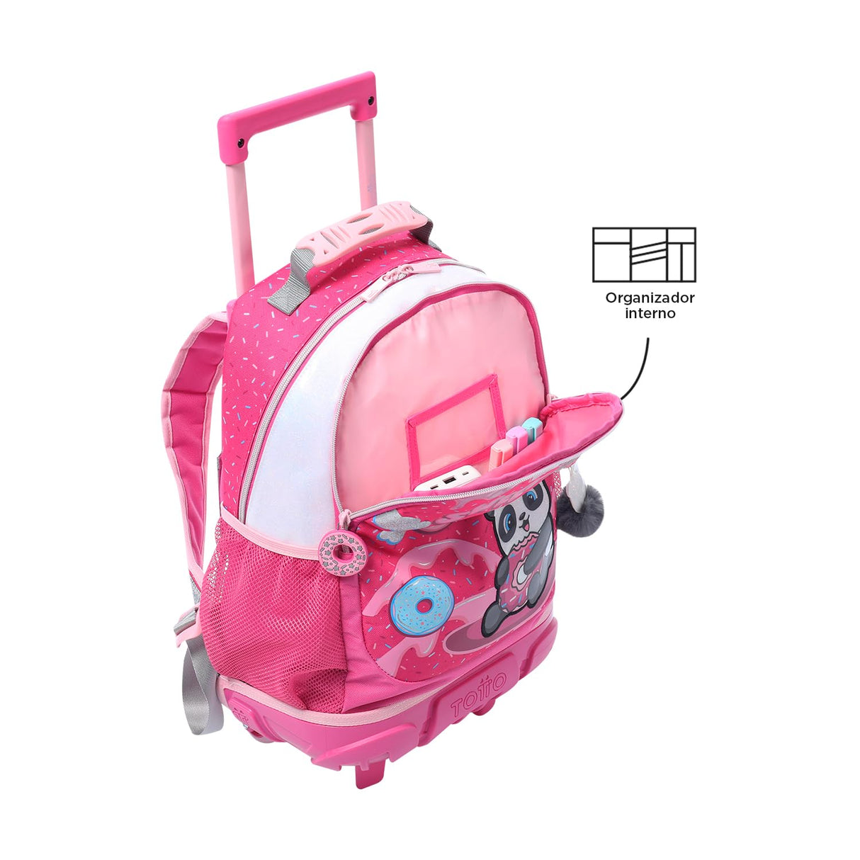TOTTO - Mochila Escolar con Ruedas, Modelo Sweet Panda M, Mochila Mediana, Capacidad 14 L, 2 Compartimentos, 2 Bolsillos Botella, Protección contra Impactos, Cómodas Correas Ajustables, Color Rosa