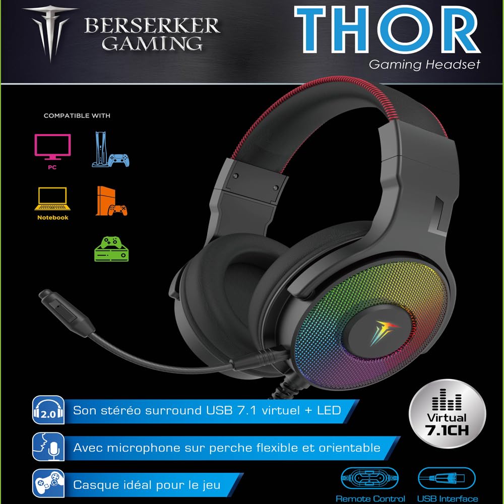 BERSERKER Auriculares Gaming con Sonido Estéreo 7.1, Micrófono Desmontable, Control de Volumen, RGB, Cable 2,1 m, USB