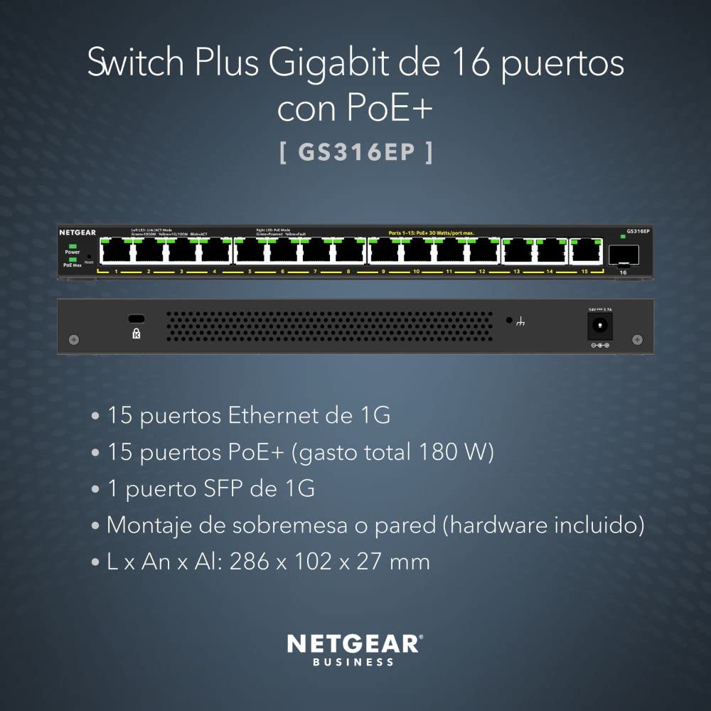 NETGEAR Switch Gigabit Ethernet | PoE Plus 16 Puertos GS316EP | Switch Gigabit Ethernet con 15 Puertos PoE+ a 180 W, 1 Puerto SFP de 1G, Montaje de sobremesa o en Pared