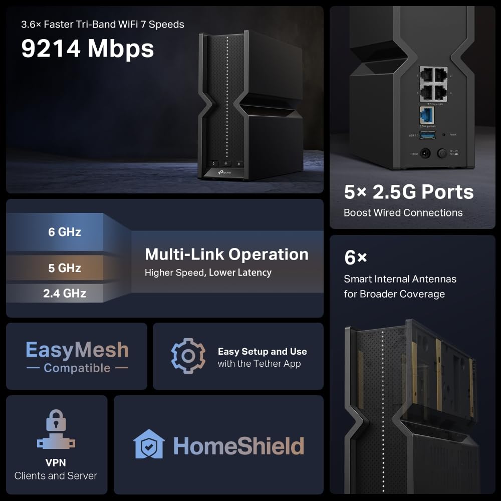 [NUEVO]TP-Link Archer BE550 | Router Wi-Fi 7 BE9300 de Triple Banda | Puertos 2.5 Gbps, EasyMesh, Multi-Link Operation MLO, USB 3.0, Protección HomeShield, Servidor y Cliente VPN, Fácil configuración