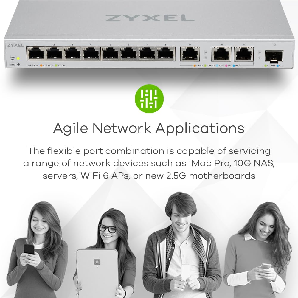 Zyxel Conmutador de 12 puertos Multigigabit Administrado por Web | Switch Gigabit con 3 Puertos de 10 Gbit | 1 puerto SFP+ de 10 Gbit [XGS1250-12]