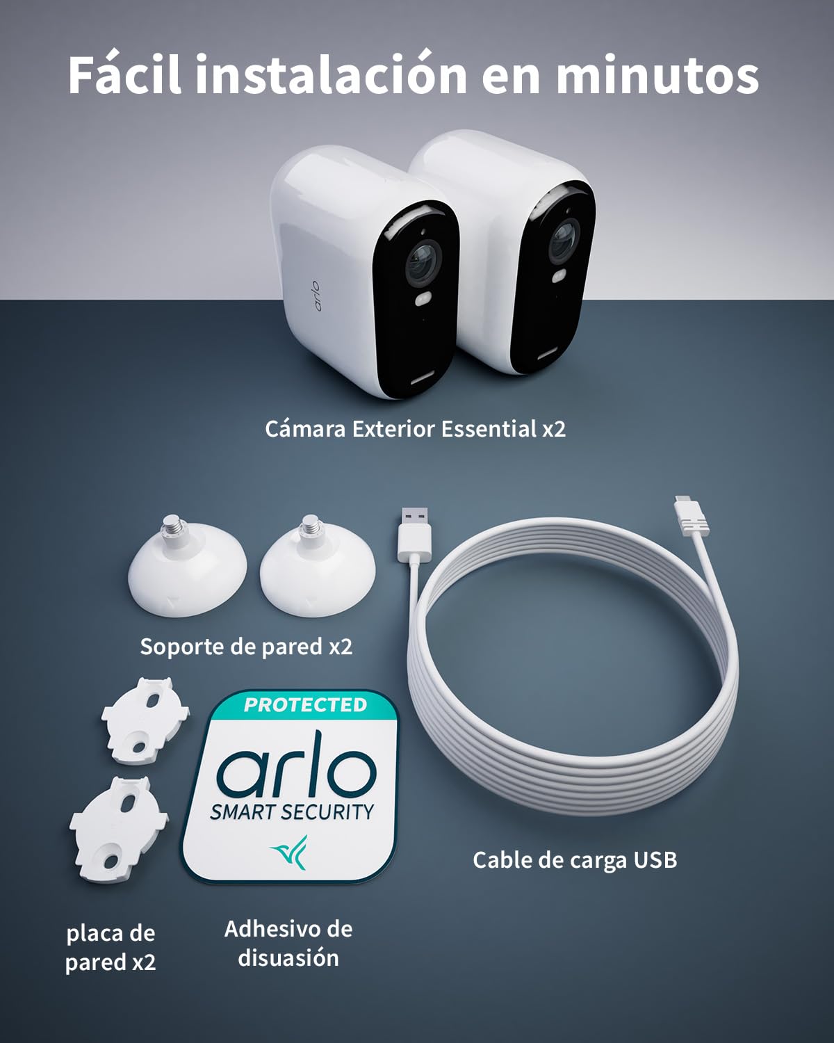 Arlo Essential 2 XL Camara Vigilancia WiFi Exterior HD, Camara Vigilancia WiFi Interior, Sensor de Movimiento, Alarmas Para Casa, Visión Nocturna Color, Prueba Arlo Secure Incluida, 2 Cámaras, Blancas