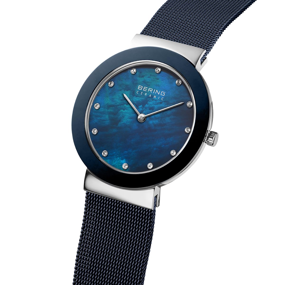 BERING 11435-387 Reloj de cuarzo para mujer con caja de acero inoxidable plateado de 35 mm y esfera azul, correa milanesa, cristal de zafiro y resistencia al agua de 5 ATM