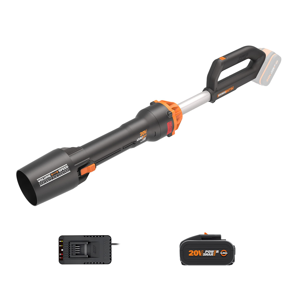 WORX Soplador a batería 20V Máx. | WG543E |Potente Motor sin escobillas | PowerShare | Incluye 1 batería 4.0 Ah y Cargador | 2 velocidades | Turbina con amplificación de Aire