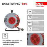 EMOS - Tambor de Cable de 50m - 4 enchufes Schuko - 230 V, 16 A, 3680 W - Aislamiento PVC H05VV-F3G 1,5 mm2 - Protección contra sobrecalentamiento - IP20 para Interiores