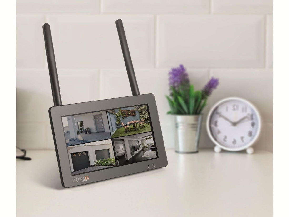 Technaxx Conjunto de cámara de vigilancia de Seguridad inalámbrica TX-128 - FullHD, Pantalla táctil de 7'', Monitor PIR, visión Nocturna, función de Alarma, notificaciones automáticas (Negro)