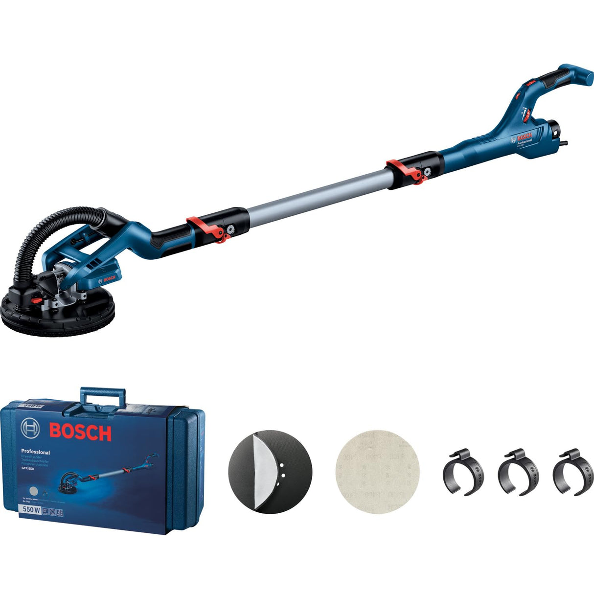 Bosch Professional GTR 55-225 - Lijadora de pared de yeso (550 W, plato lijador Ø 215 mm, hoja Ø 225, extensión incl. 170 cm, en maletín)