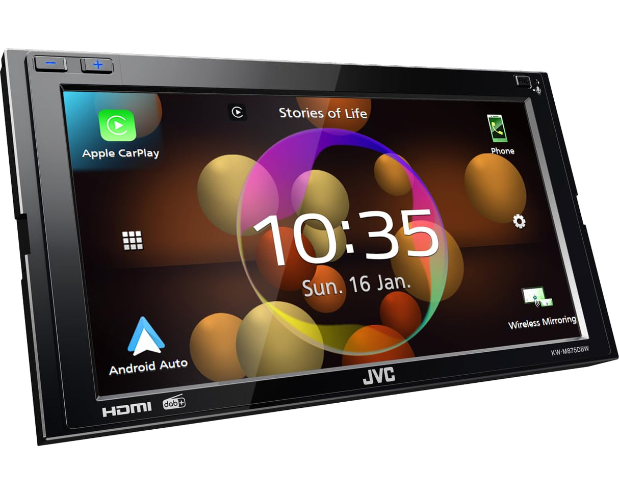 JVC KW-M875DBW - Receptor Multimedia AV de 17,3 cm (6,8") con CarPlay inalámbrico y Android Auto (4x50W, Dab+/FM, Bluetooth, 3 pre-Salidas de 4V, USB-C, Control de iPod/iPhone).