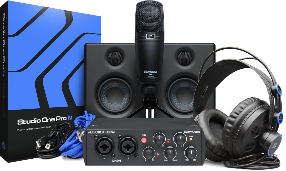 PreSonus AudioBox 96 Studio Ultimate, Paquete de Interfaz de Audio para Grabación y Producción, con Micrófono, Auriculares, Monitor de Estudio Eris E3.5 y Software, Edición 25º Aniversario