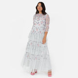 Maya Deluxe Women's Ladies Maxi Dress Round Neck 3/4 Sleeve Floral Sequin Embellished Ruffle A-Line for Wedding Guest Prom Ball Gown Vestido, Glacier Grey, 42 para Mujer