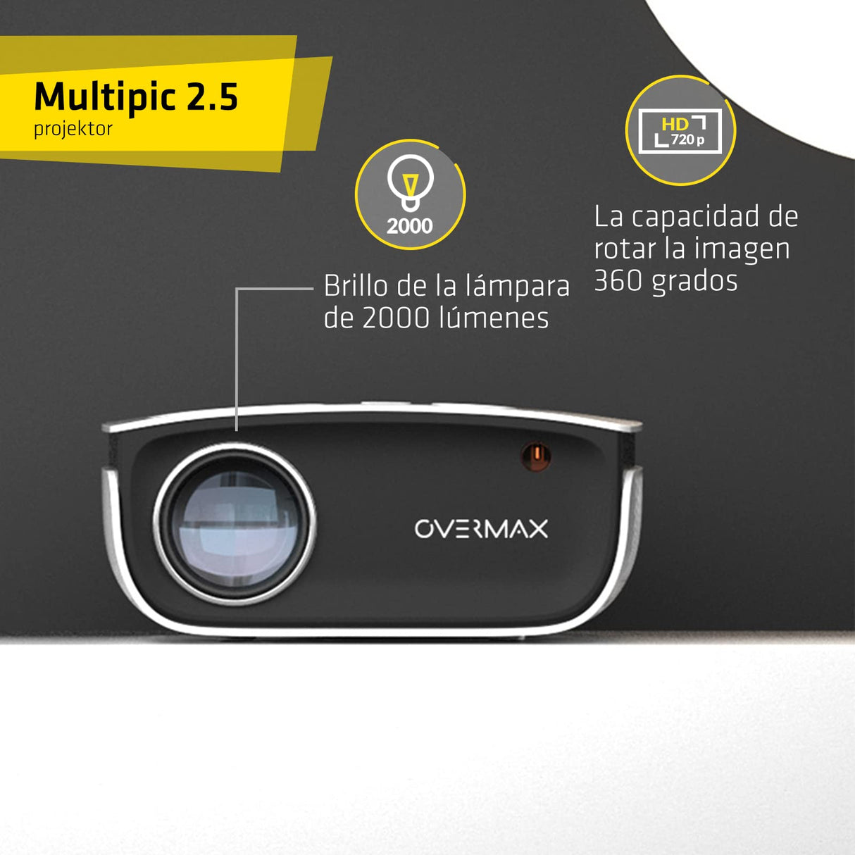 Overmax Multipic 2.5 Proyector Full HD, proyector LED, proyector de Cine en casa, Cine en casa, Control Remoto, proyector con Altavoz, tamaño de Imagen de 35 a 120 Pulgadas, retroproyector