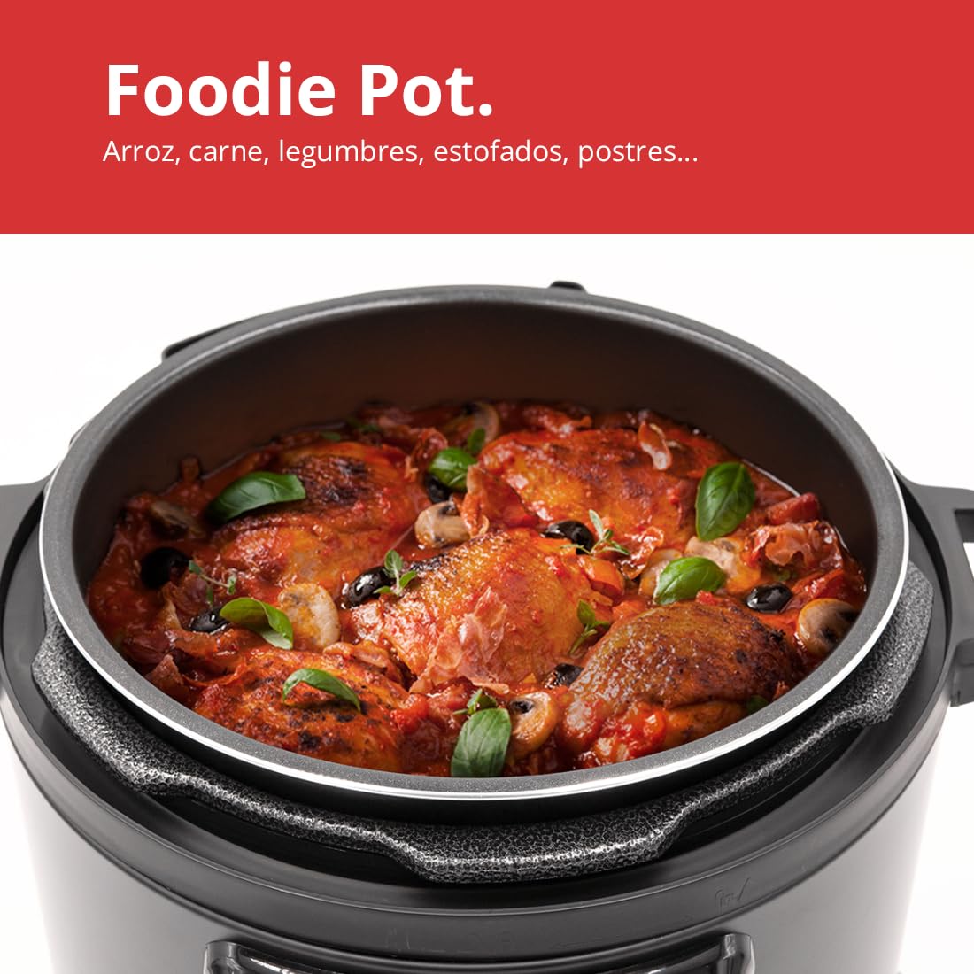 Robot de cocina 2 en 1, Olla programable Foodie Pot y Freidora sin aceite Foodie Fryer Lid, 9 electrodomésticos en 1, Capacidad 6L, 1300W, 3 niveles de potencia, 2 tapas programables.
