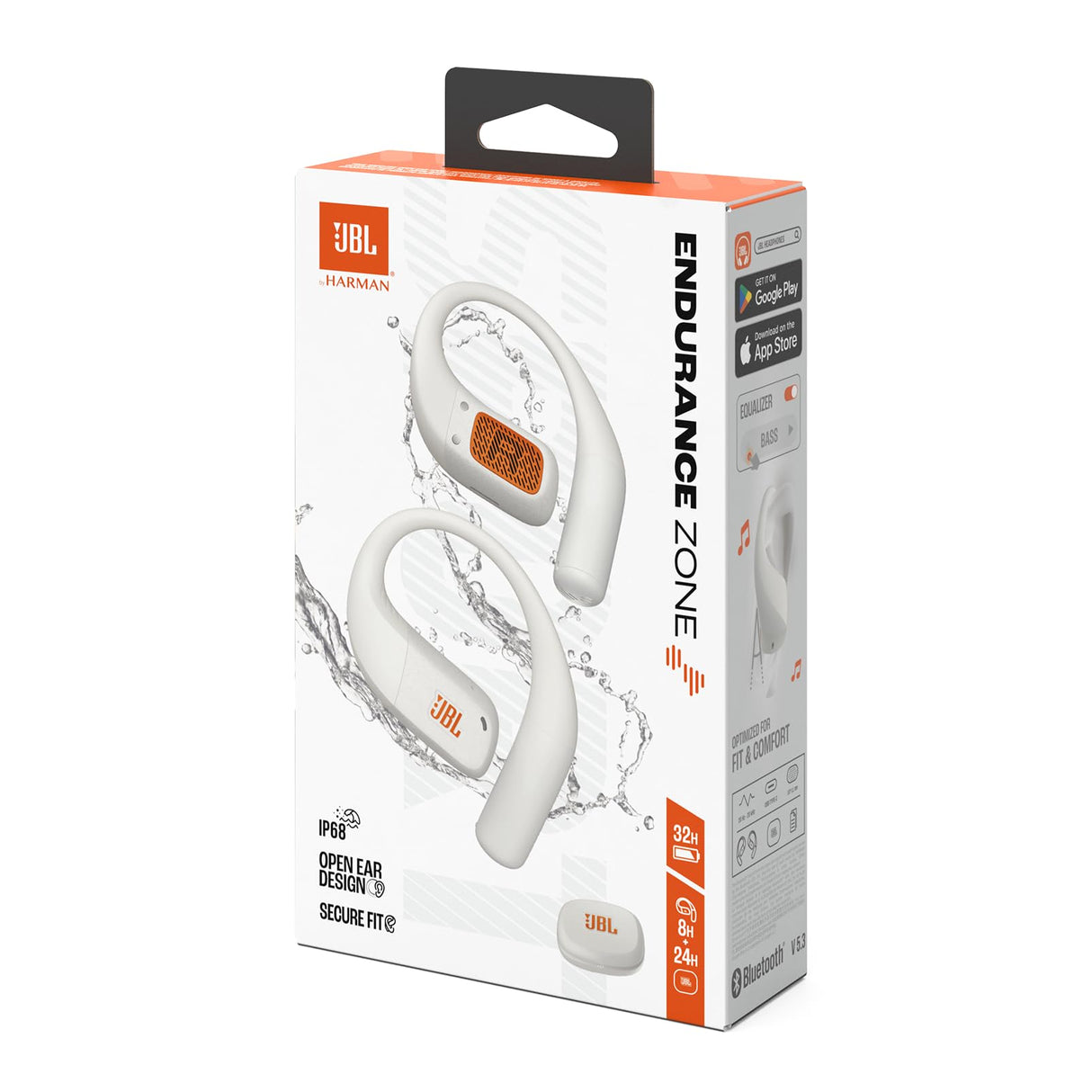 JBL Endurance Zone Auriculares Deportivos inalámbricos Abiertos True Wireless, diseño ergonómico de Gancho, OpenSound, 32 h de autonomía, Resistencia IP68, Google Finder, Blanco