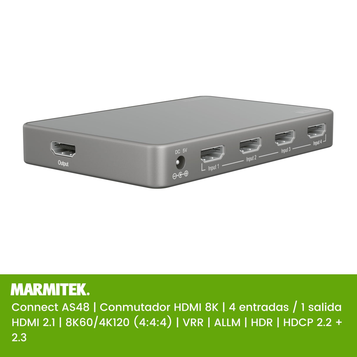 HDMI 2.1 Switch - AS48-4K 120Hz - Conmutador Gaming HDMI 8K - HDMI 2.1 - HDR - Funciones PS5 y Xbox - ALLM - VRR - QFT - QMS - 4 entradas/1 Salida - Adaptador HDMI 4K120-48Gbps - Dolby Digital