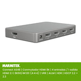 HDMI 2.1 Switch - AS48-4K 120Hz - Conmutador Gaming HDMI 8K - HDMI 2.1 - HDR - Funciones PS5 y Xbox - ALLM - VRR - QFT - QMS - 4 entradas/1 Salida - Adaptador HDMI 4K120-48Gbps - Dolby Digital