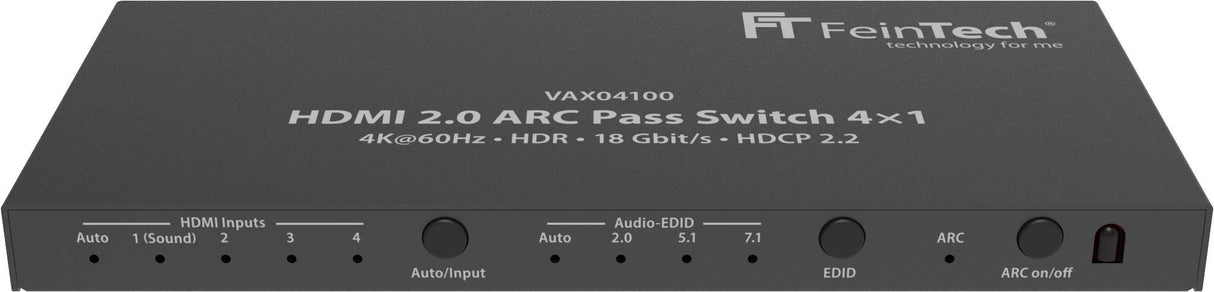 FeinTech Conmutador HDMI 2.0 ARC Pass 4x1 VAX04100, para 3 fuentes HDMI, barra de sonido y proyector de TV 4K @60Hz | HDR | 18 Gbit/s | HDCP 2.2 Dolby Atmos