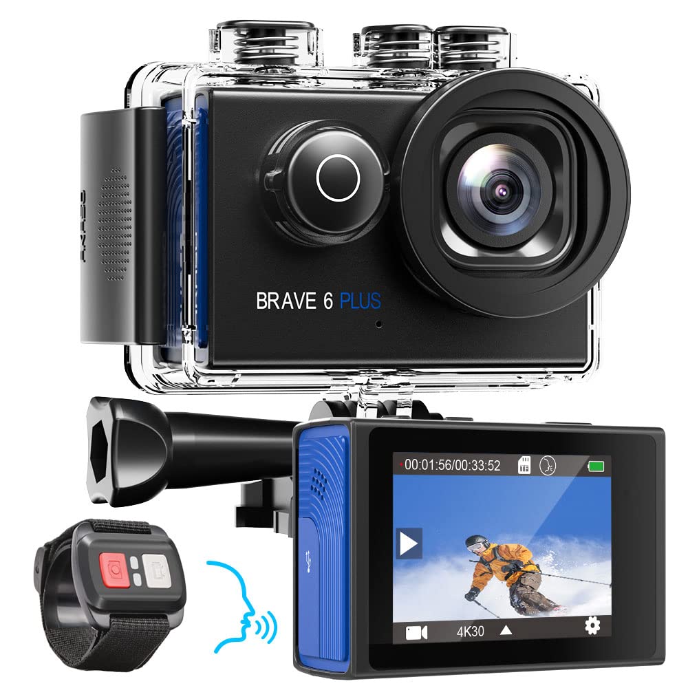 AKASO Brave 6 Plus Cámara Deportiva 4K30FPS WiFi 20MP - Cámara de Accion Pantalla Táctil, Estabilización Electrónica, Cámara Acuatica Sumergible 40M, Control por Voz, 2 Baterías y Kit de Accesorios