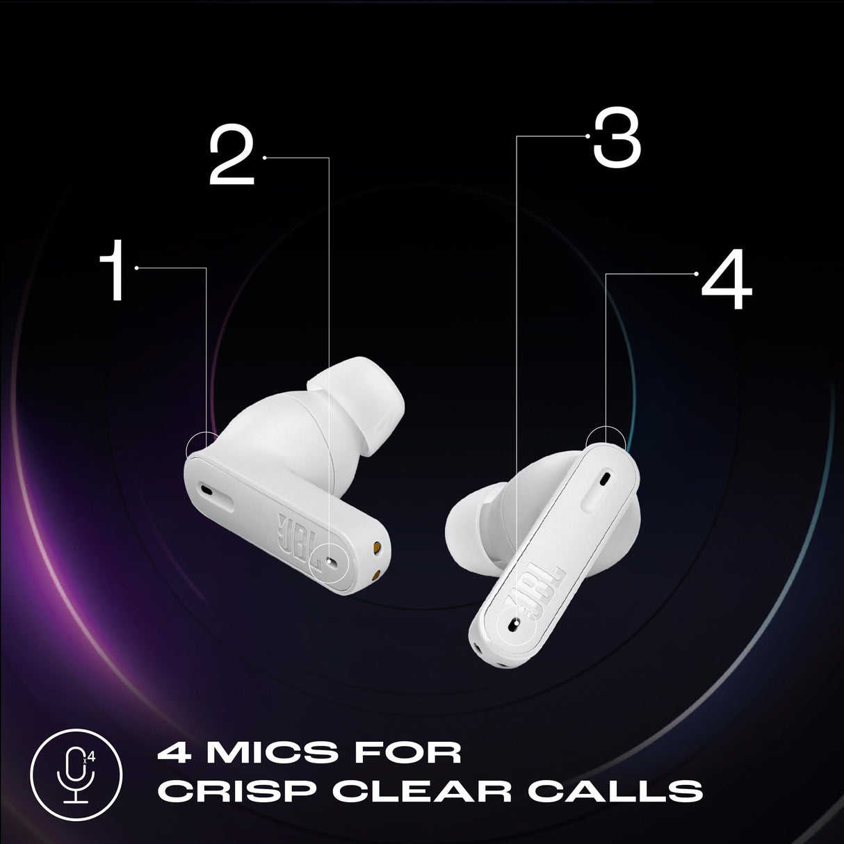 JBL Auriculares Tune Beam In-Ear, inalámbricos, resistentes al agua, cancelación de ruido y tecnología de 4 micrófonos, con batería de hasta 48 horas de duración, en blanco