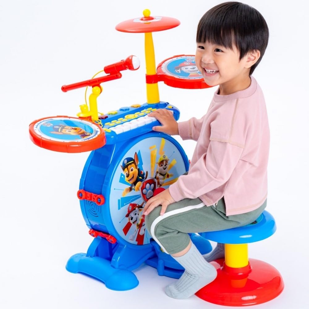 Lexibook, Paw Patrol, Set electrónico para niños, Juego de Juguete Musical, Sonido de batería Realista, Teclado de 8 Teclas, Enchufe MP3, Asiento Incluido, Azul/Rojo, K610PA