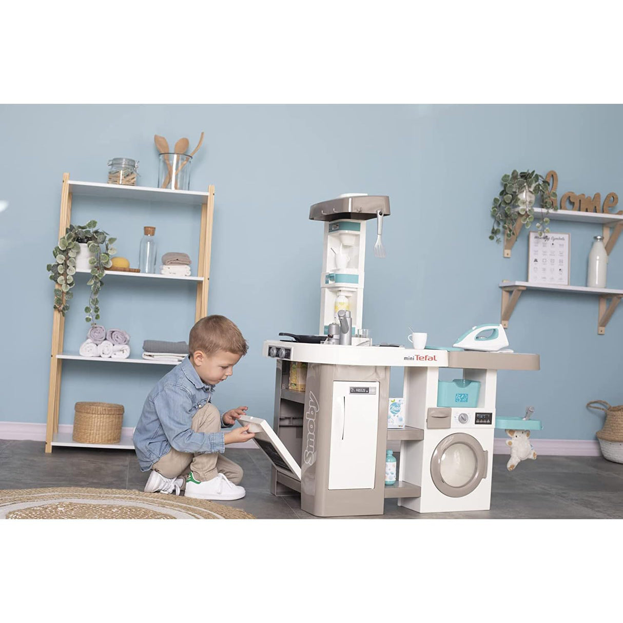 Smoby- Cocina de Juguete Cleaning, 2-en-1, con Funciones de Cocina y Limpieza, con Lavadora, Tendedero, Plancha, Adecuado a Partir de 3 Años (7600311050)