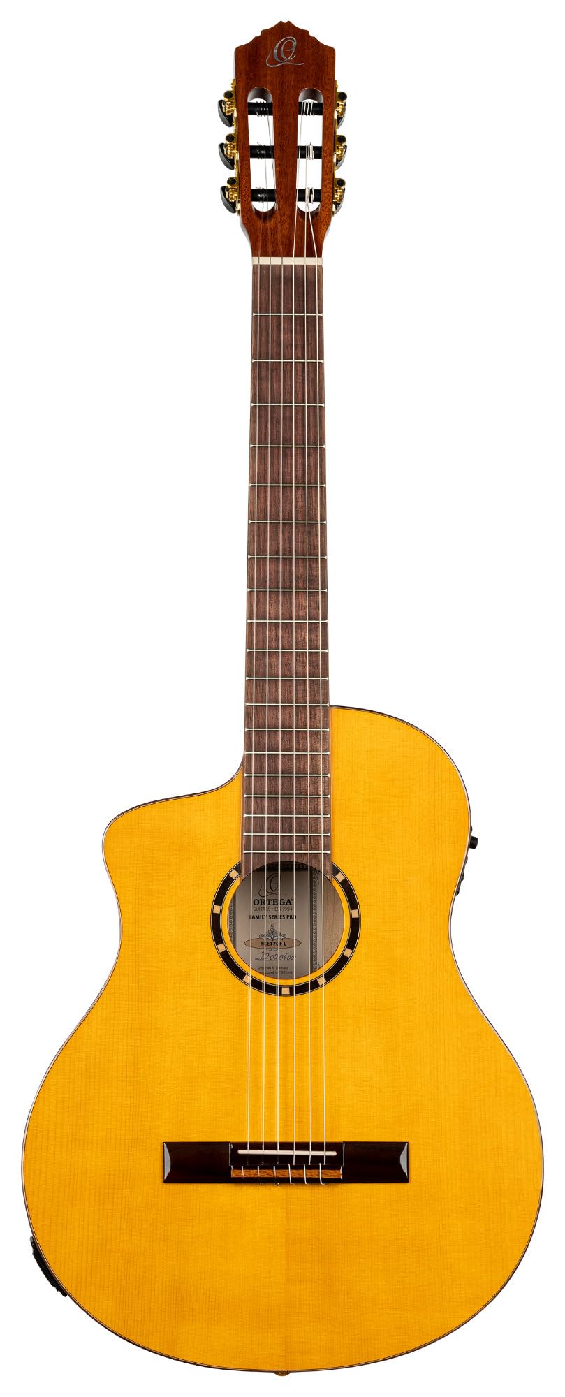 Ortega Guitars Family Series Pro - Guitarra flamenca para zurdos, tamaño 4/4, electroacústica, pícea y ciprés con acabado brillante, color amarillo – Incluye funda (RCE170F-L)